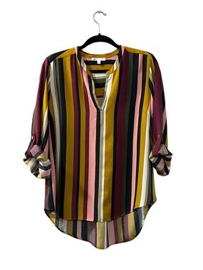 DR2 Striped Blouse Large High Low Tunic Roll Tab Sleeve Mustard Pink Work Top